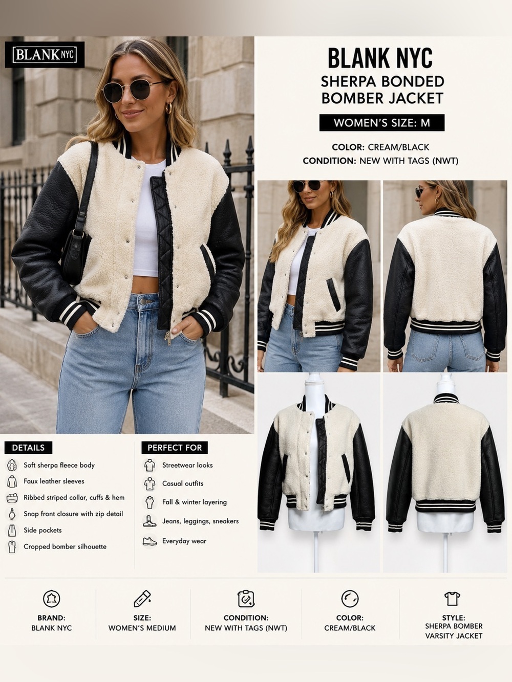 Blank NYC Black and Cream Sherpa Bonded Bomber Women’s Jacket NWT Size M